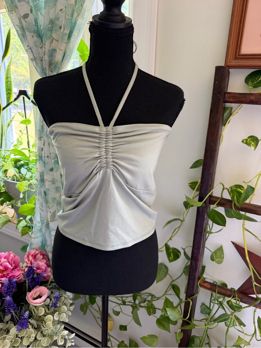 Ruched Halter Tube Top - Light Gray/Green Tint